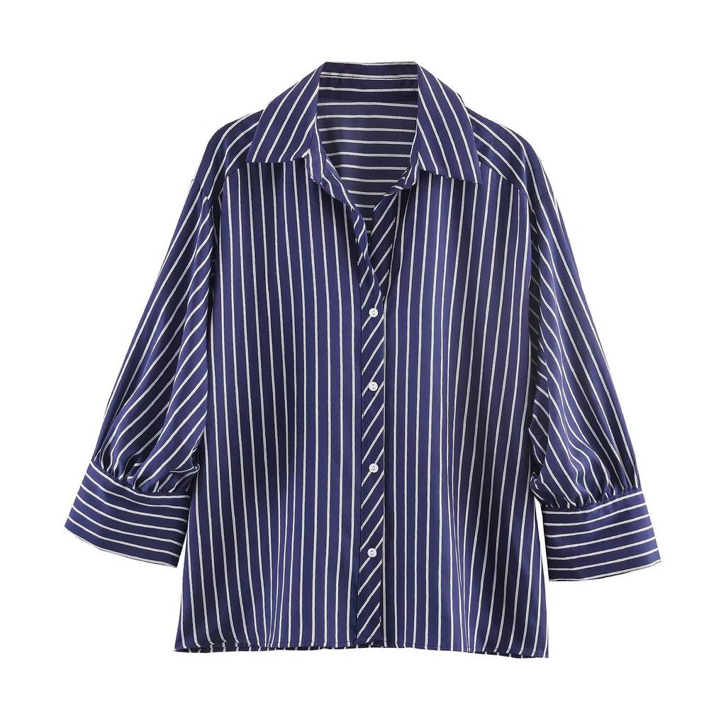Stile europeo e americano, nuovi abiti da donna, stile straniero, camicia a righe alla moda con maniche a palloncino 5029071