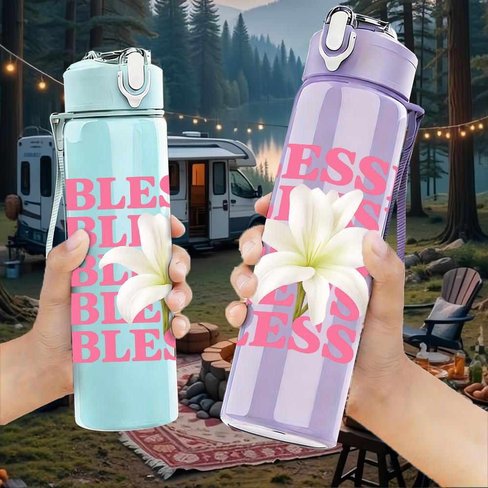 1PC Repeated Blessed Pink Letter Art 750ml Color Plastic Sports Water Bottle Leakproof Flip Straw Lid Suitable for Sports Office Home Use
