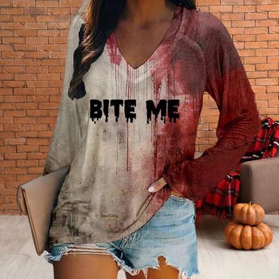 Dámske tričko s výstrihom do V, s dlhým rukávom, s potlačou krvavých písmen, voľného strihu, halloweenske pulóvrové topy, streetwear