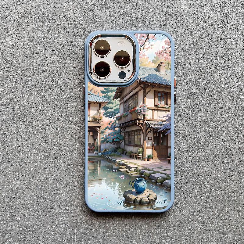 Vintage Oil Painting House Phone Case For iPhone 16 15 14 Pro Max 11 13 12 Pro MAX 7 8 Plus XR X Flower Courtyard Silicone Cover