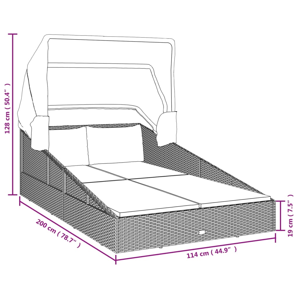 Folding Sun Lounger with Canopy Gray 200 x 114 x 128 cm Poly Rattan