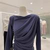 New 2024 Off-Shoulder Ruched Long-Sleeve T-Shirt, Rayon 1x1, 260g, High-End.