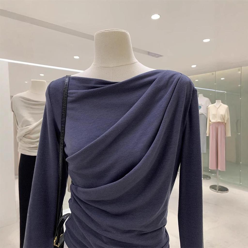 New 2024 Off-Shoulder Ruched Long-Sleeve T-Shirt, Rayon 1x1, 260g, High-End.