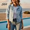 Women Jean Jacket Women's Long Sleeve Cropped Denim Jacket, Button Down Lapel Jeans Coat with Pockets, Fall Spring Lightweight Outerwear
