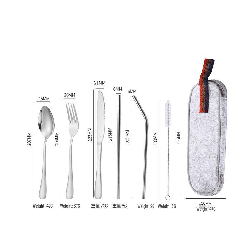 

Stainless Steel 7-Piece Portable Cutlery Set: Knife, Fork, Spoon, Chopsticks, Straw & Cloth Bag. Perfect for Outdoor Dining.