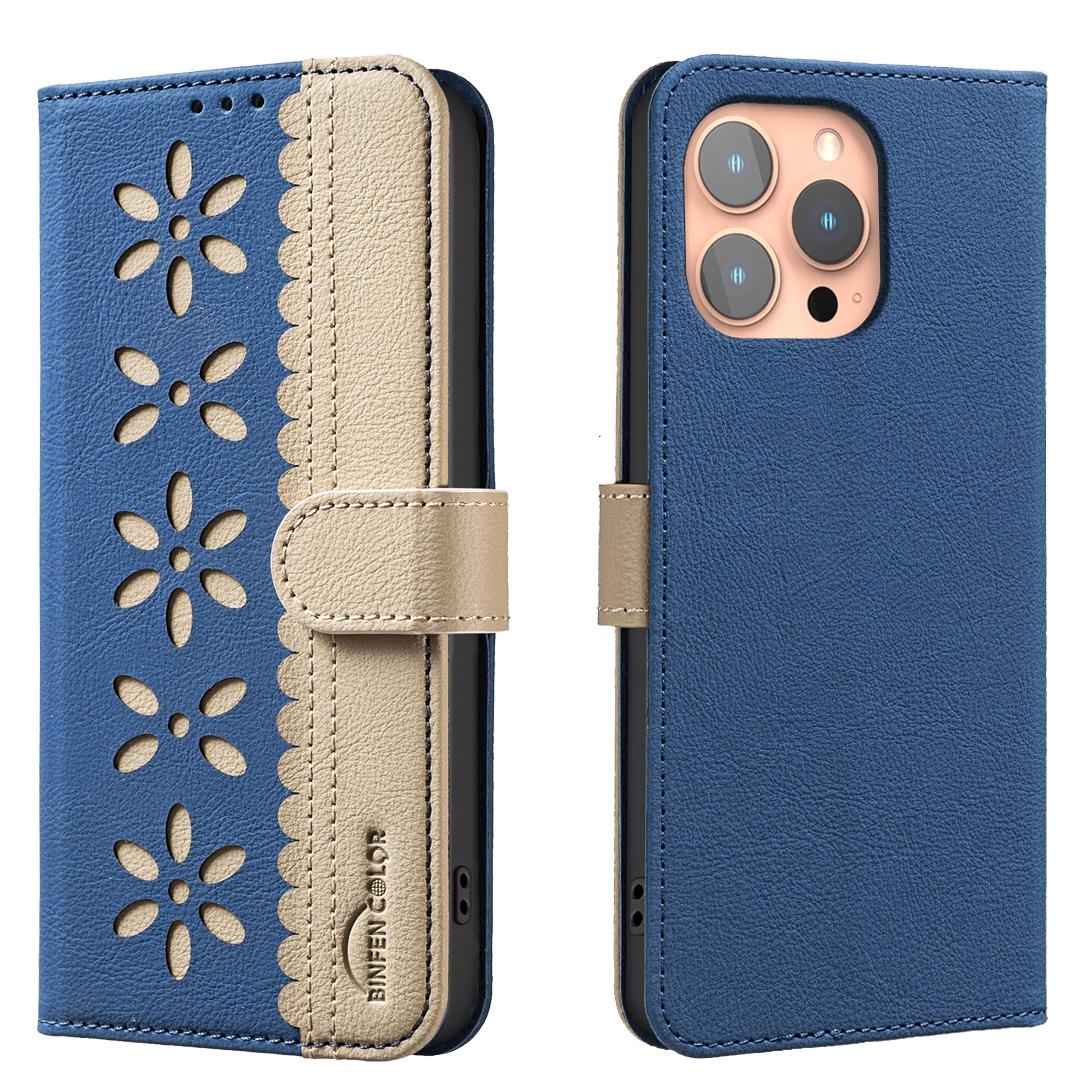 

For iPhone 16 Pro Max Leather Case BINFEN COLOR BF36 Floral Pattern Phone Cover RFID Blocking Wallet Stand Dark Blue