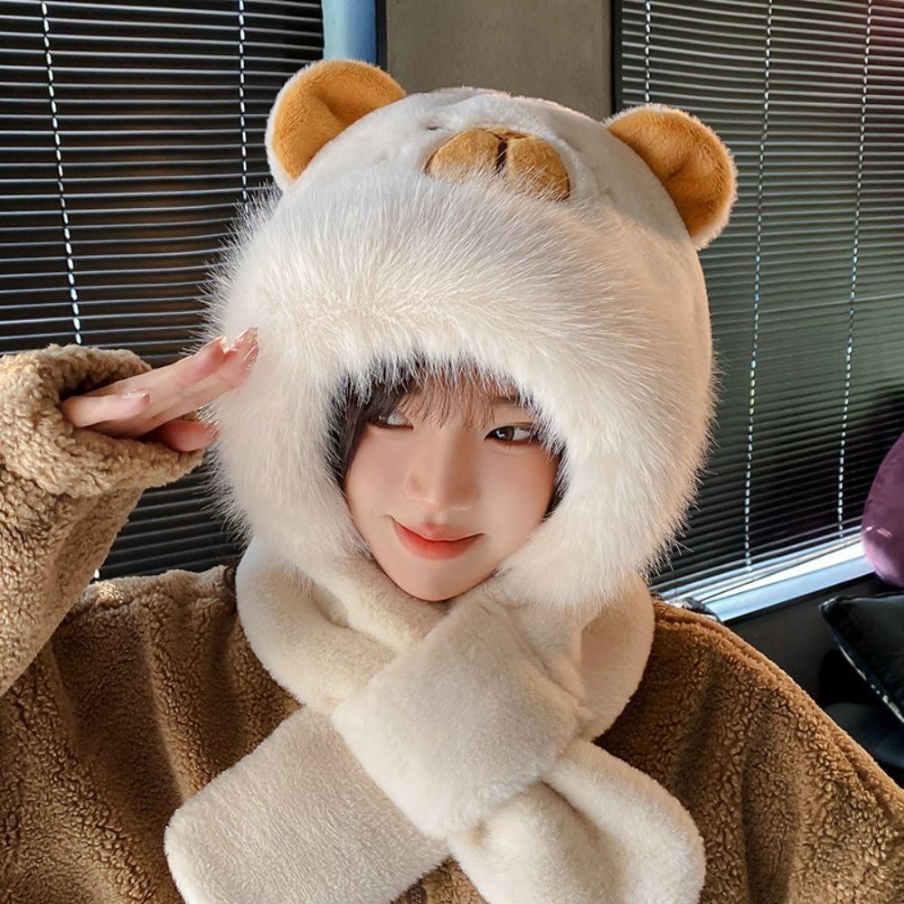Cartoon Capybara Hat Scarf Set 3 In 1 Furry Scarf Cap Set Earmuff Scarf Hat Glove for Women  Girls