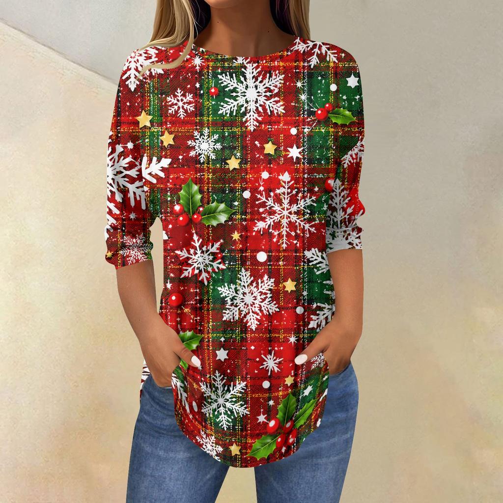 Camiseta Feminina de Natal Estampada com Manga Três Quartos e Gola Redonda Casual para Festas
