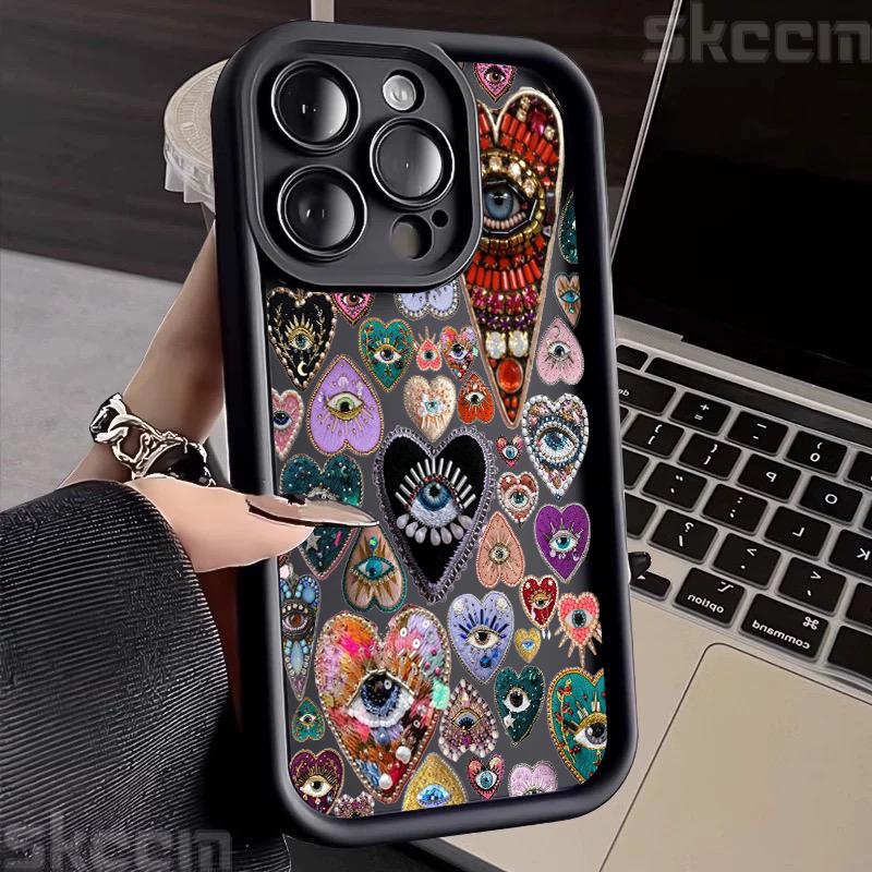 

Evil Eye Glossy Heart Pattern Phone Case For iPhone 11 12 13 14 15 16 Pro Max 16E XS X XR 7 8 16 Plus Shockproof Silicone Cover iPhone 16