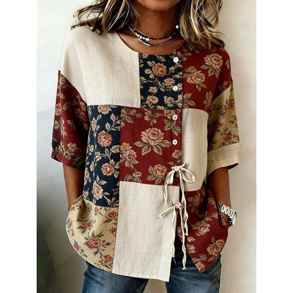 Women's Retro Floral Patchwork Drawstring Button Up Blouse, Casual Round Neck Tops for Spring Summer Daily Vacation Wear