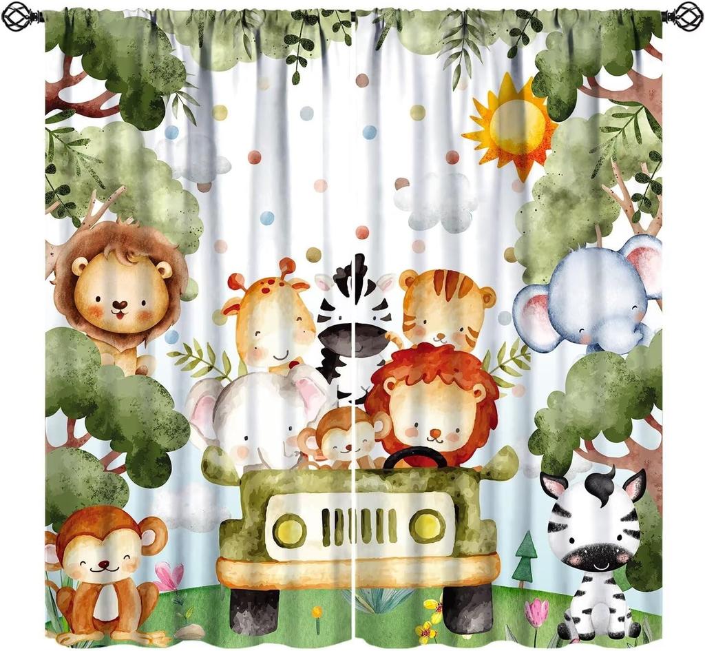 Cartoon Blue Bear Curta For Boys,Watercolor Little Cute Animal Aircrafts Hot Air Balloons Rainbow Window Drapes For Baby Boys