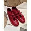 Cowhide Version~ Retro Red French Mary Jane Shoes Women's Velcro Ballet Single Shoes Flat Casual Training Shoes