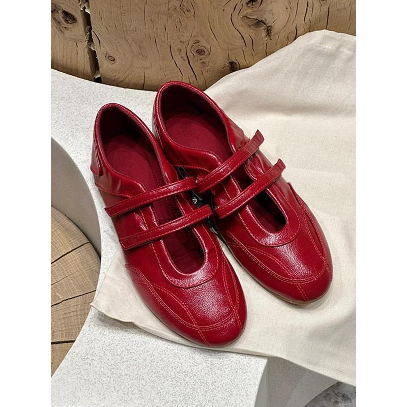 Cowhide Version~ Retro Red French Mary Jane Shoes Women's Velcro Ballet Single Shoes Flat Casual Training Shoes