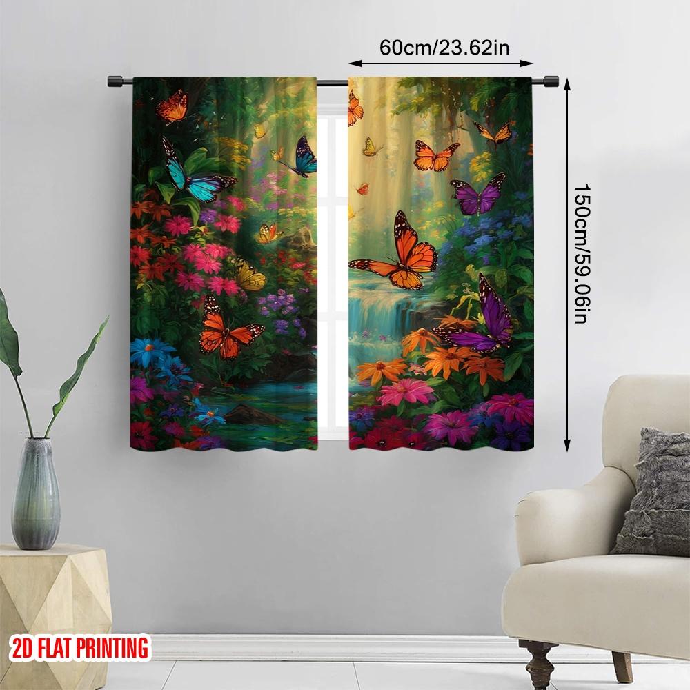 2pcs,2D Plane Printing Curtain Popular Butterfly Paradise Polyester Woven (without Rod) Outdoor Decorations Use for Bedroom