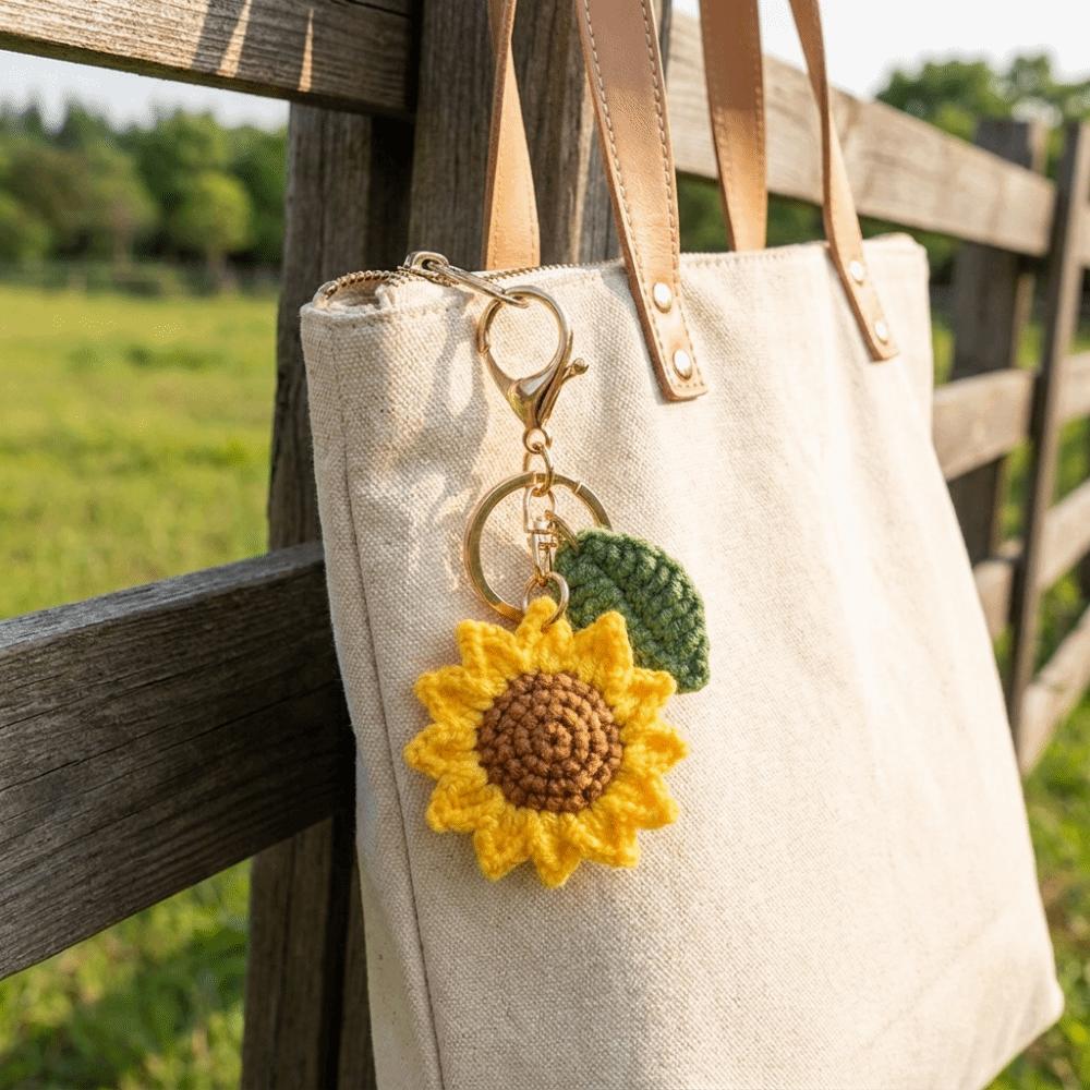 With Rope Crochet Sunflower Pendant Fabric Bag Lanyard Charm Cute Knitted Keychain Daily