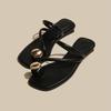 Summer Narrow Band Women Slipper Fashion Metal Decoration Low Heel Slip On Ladies Elegant Slides Casual Outdoor Beach Flip Flop