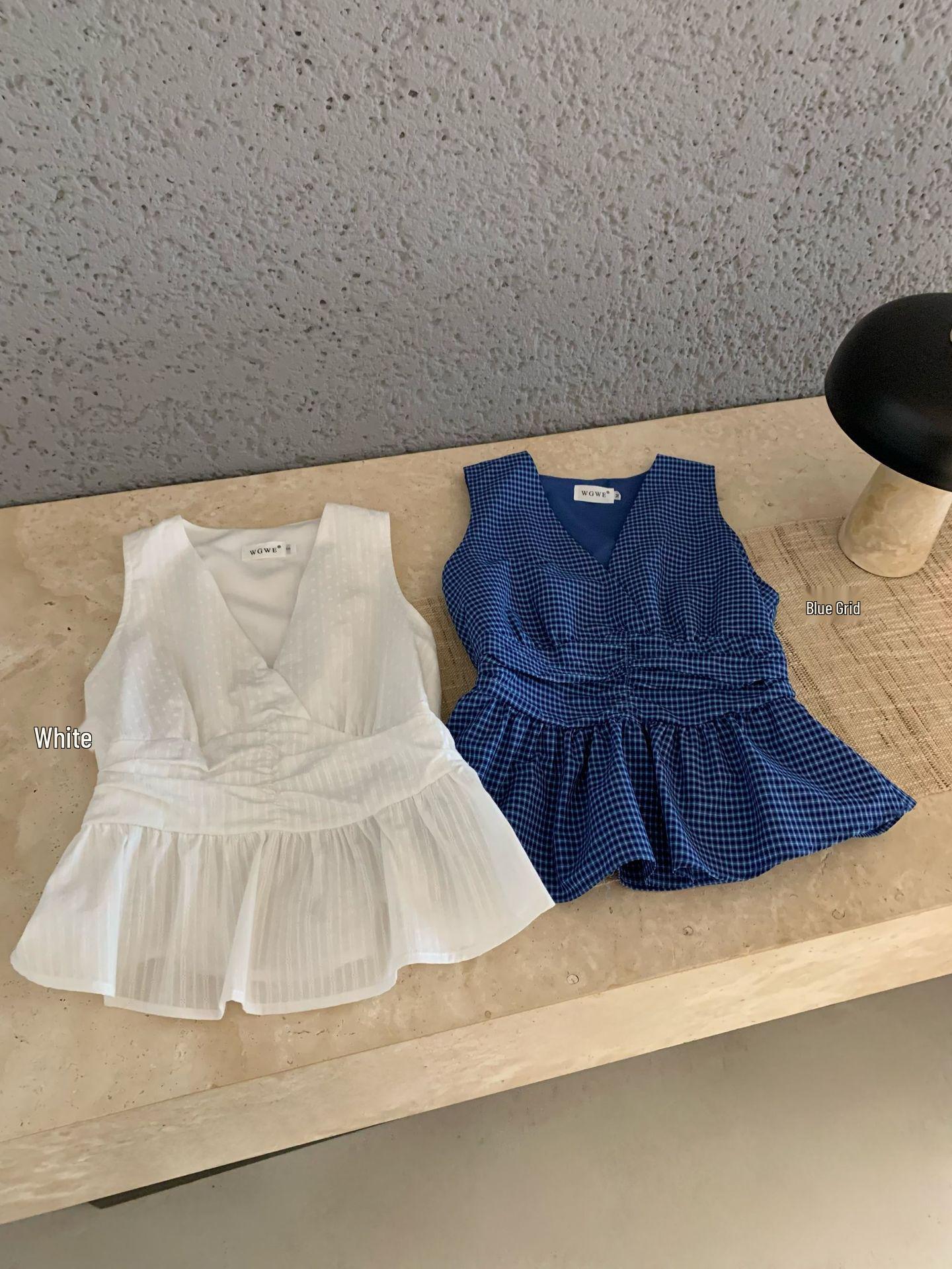 Guangzhou Women s V-Neck Sleeveless Pleated Vest Top - Trendy Spring/Summer Waist-Cinching Shirt Medium