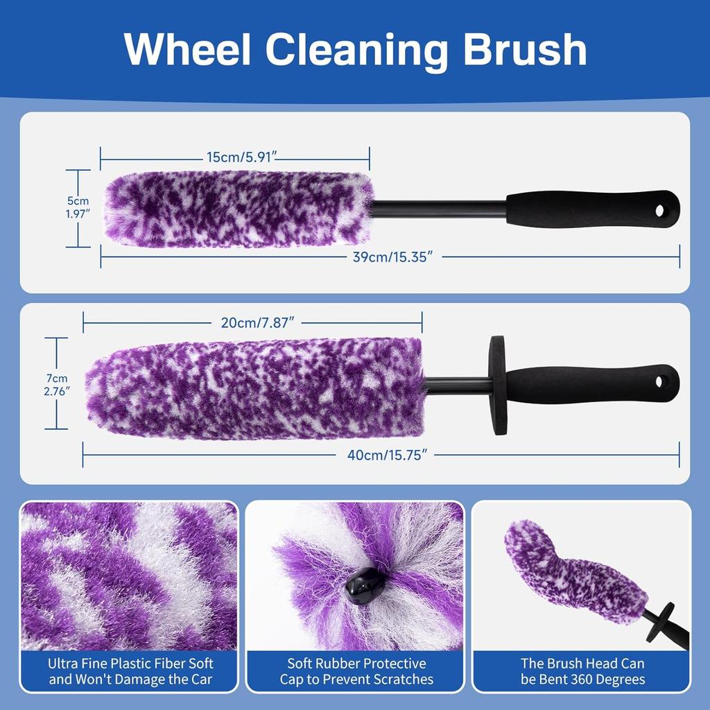 4 Pack Wheel Tire Cleaning Brush Kit Cars Motorcycles RVs Trucks Rim Hub Ultra Soft Microfiber No Spatter 360 Bendable Synthetic Woolies Wash