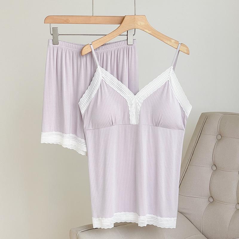 Girls' V-Neck Lace Pajama Set with Built-In Bra - Short Sleeve Camisole Two-Piece