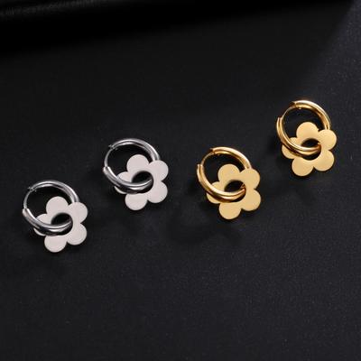 Kkjoy Stainless Steel Five Petal Flower Pendant Earrings for Women Gold Color Hoop Earrings Minimalist Fashion Jewelry Gifts