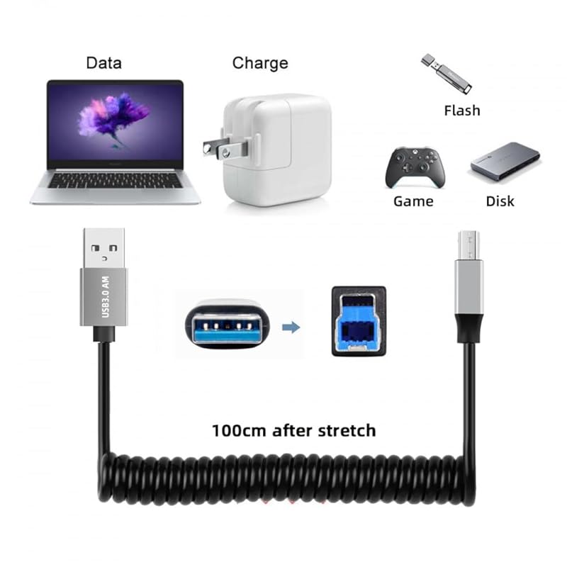CY Cable USB 3.0 Type A Male - USB3.0 B Stretch Coil 100cm Extension 5Gbps Disk Printer Camera for Data