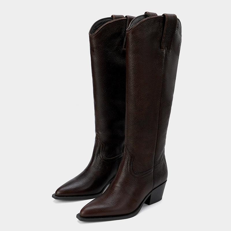 

Модные ботфорты на массивном каблуке, женские весенне-осенние кожаные туфли, женские ботинки в стиле вестерн, ковбойские ботинки, ботинки до колена в британском стиле с острым носком 36 темно-коричневого