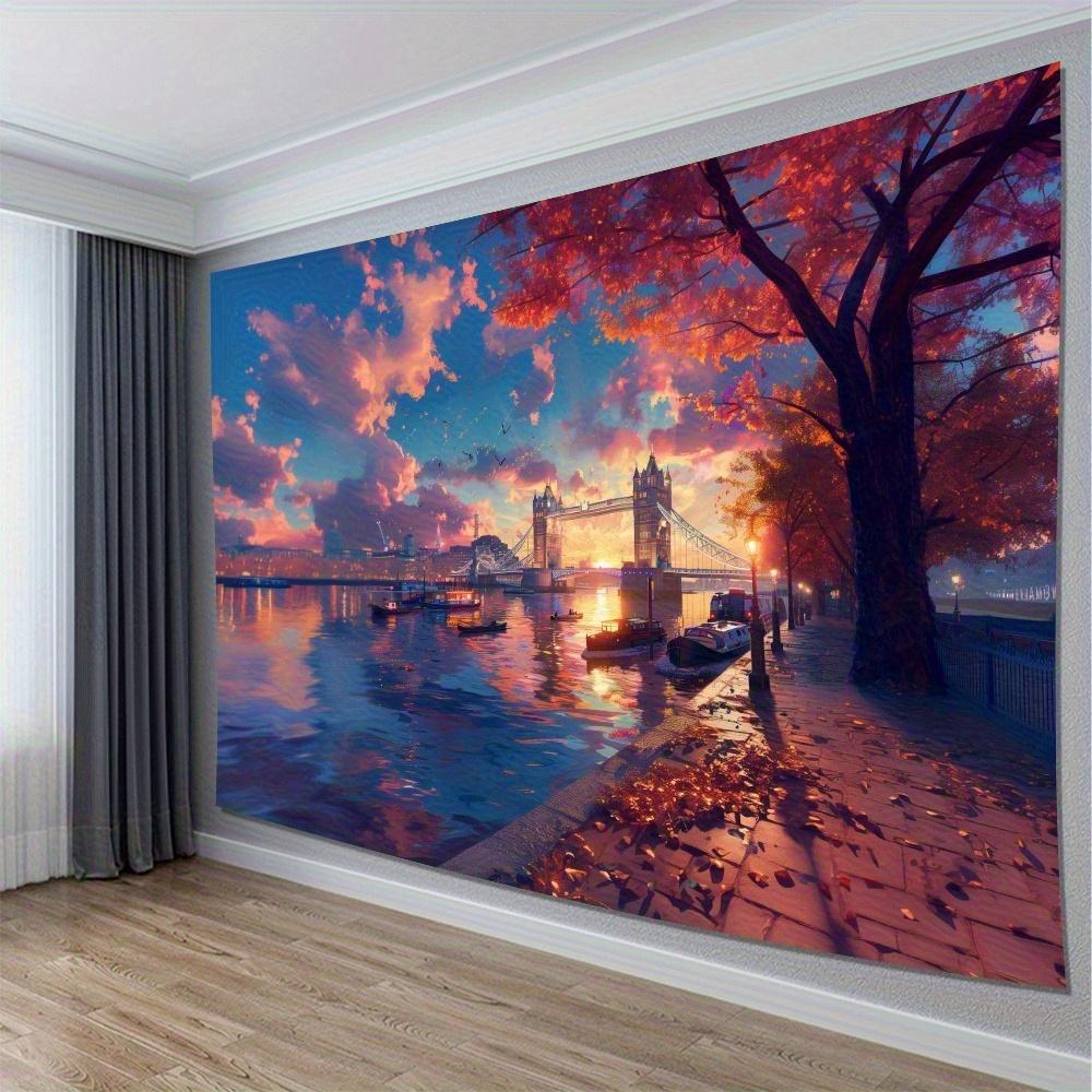 1pc Sunset Architectural Wall Hanging Tapestry  Tower Bridge London Autumn Sunset Scene Peach Light Beige Polyester Fabric