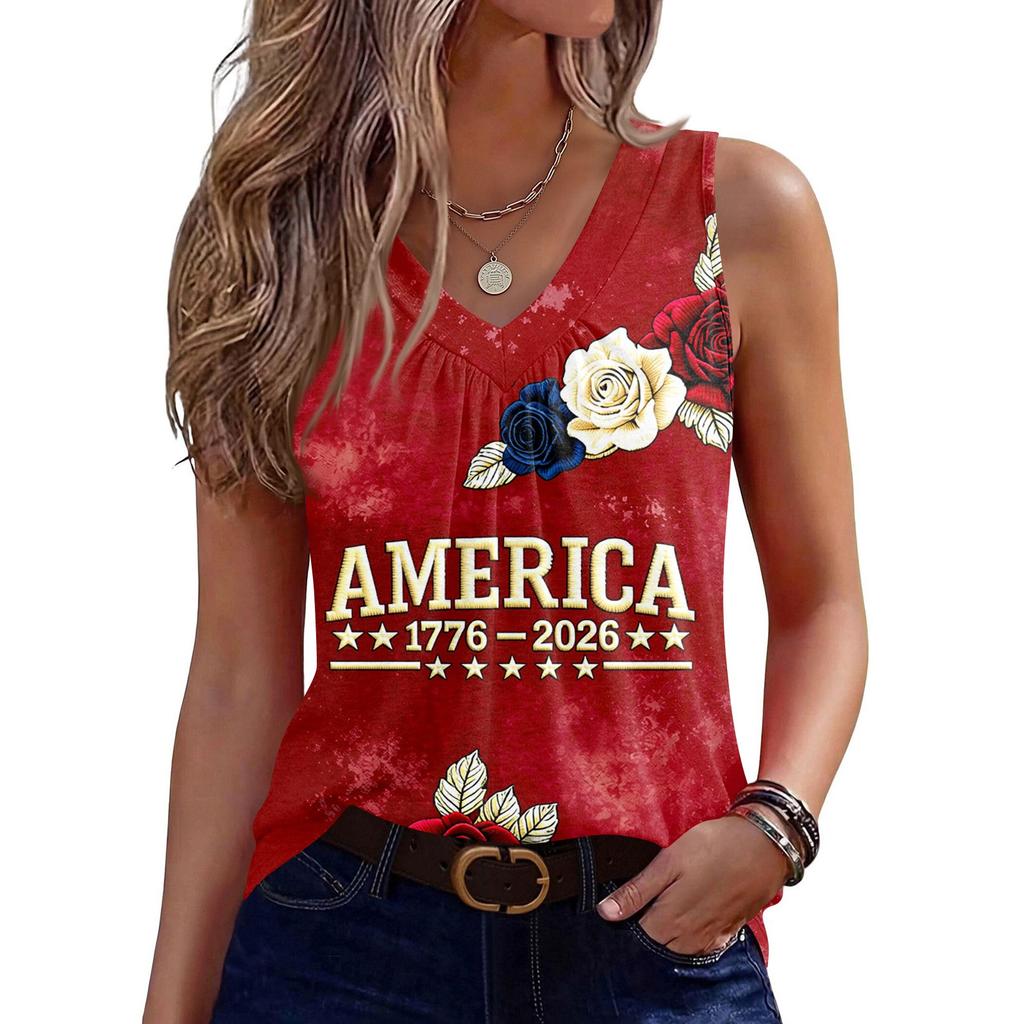 Womens Sleeveless V Neck Tank Top with America Print 1776 2026 Flag Graphic Casual Loose Fit Summer Shirt