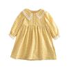 Girls' Autumn Plaid Dress with Lace Collar and Long Sleeves - Yellow and White.