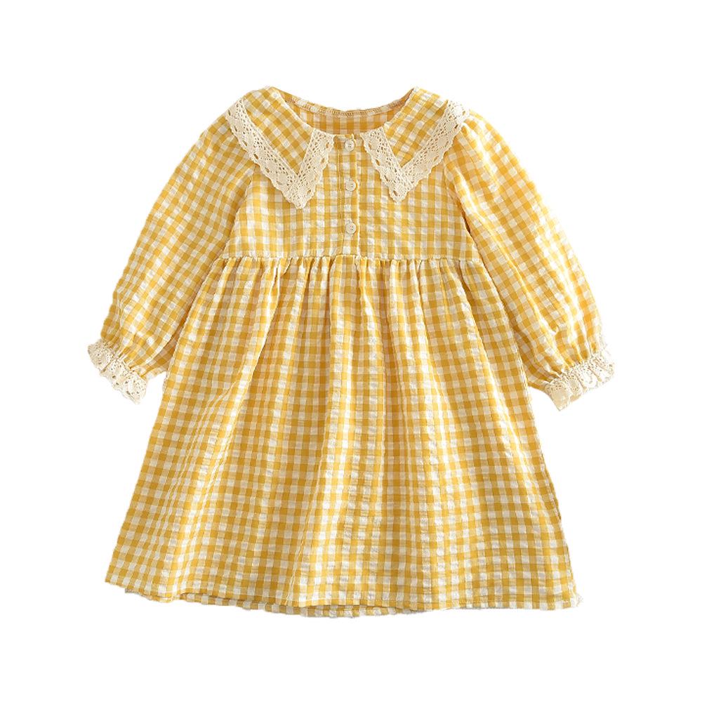 Girls' Autumn Plaid Dress with Lace Collar and Long Sleeves - Yellow and White.