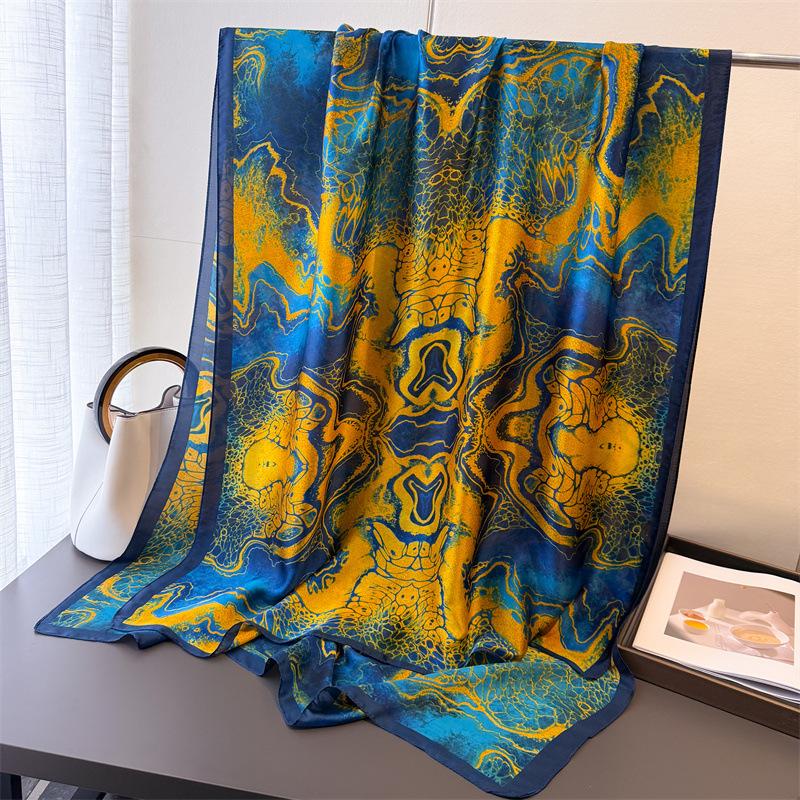 

Spring and summer thin print simulation silk brocade sunscreen blue flower and bird silk scarf long scarf shawl versatile headscarf scarf 180*80cm