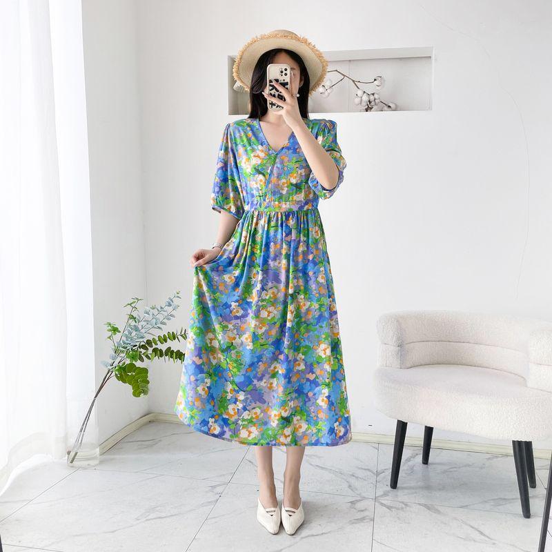 

Платье из ноилового поплина Женское Летнее Новинка V-образный вырез С контролем талии Приталенное С рукавом до локтя Пляжная юбка Элегантное Платье из искусственного хлопка с цветочным принтом Peacock Blue Large (67.50kg -82.50kg recommended)