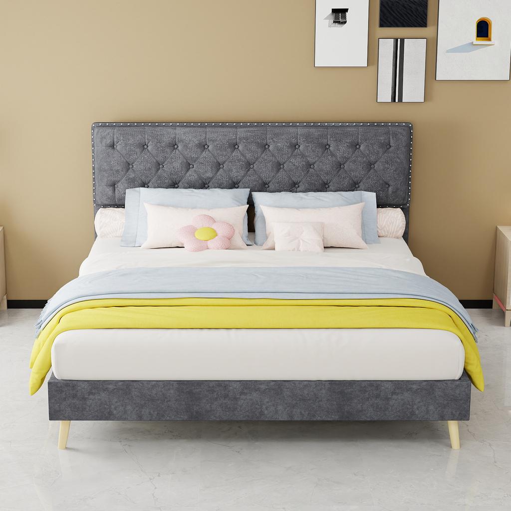 Modern soft bed, soft headboard, 160*200CM, gray, bedroom furniture, low box bed frame does not include gas rod, does not include mattress.