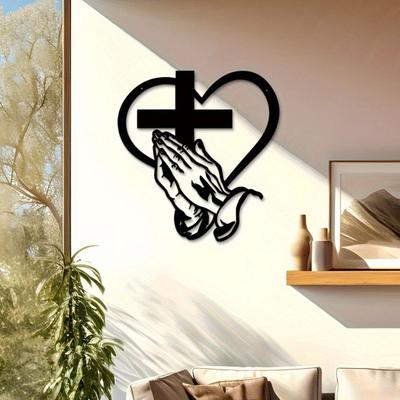 Bedende Hender Veggskilt Kristent Hjerte Metall Veggkunst Skilt Svart Finish Religiøst Dekorativt Bønneskilt for Stue Terrasse Gårdsbruk