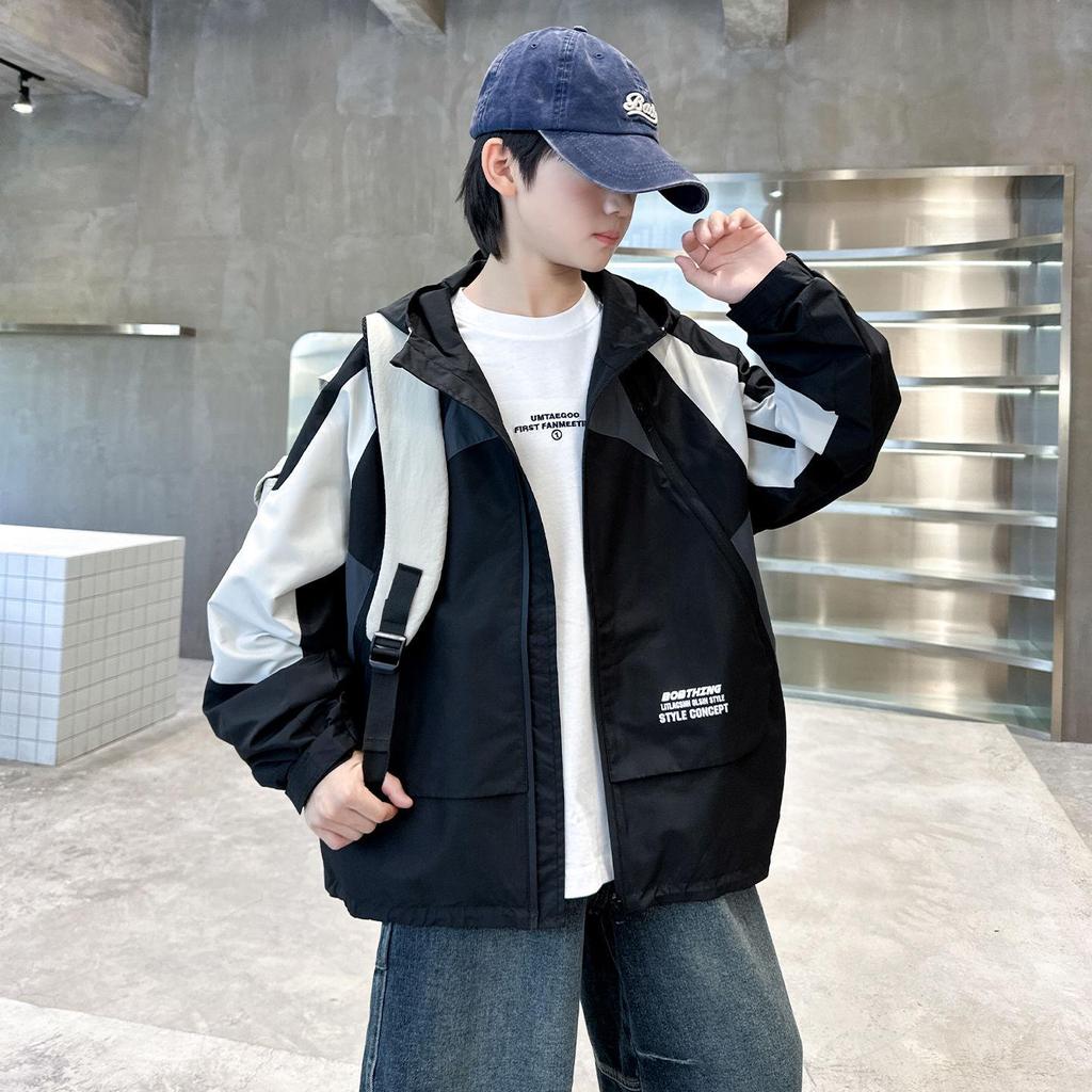 Boys' Spring & Autumn 2025 Hooded Windbreaker - Trendy Windproof Street Style