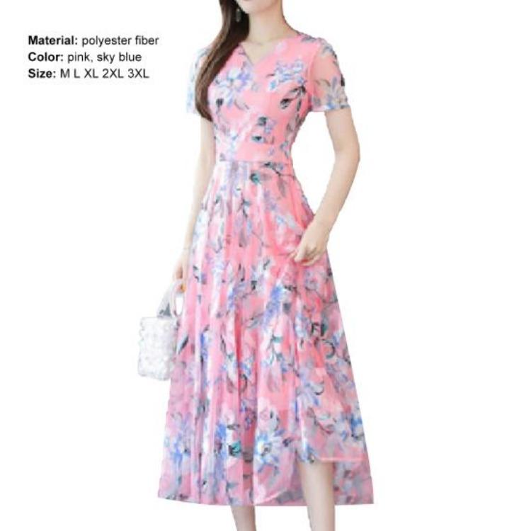Waist Tight Floral Print Summer Women Midi Dress Streetwear Short Sleeve Dress for Party