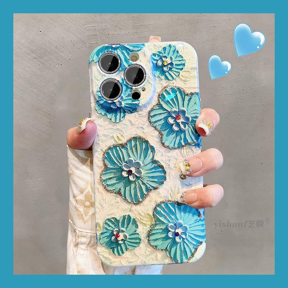 

Модный чехол для телефона с синим цветочным узором и защитной пленкой для объектива для iPhone 13 12 Pro Max 11 15promax 14plus 12promax Мягкая силиконовая задняя крышка for iphone 11 синий
