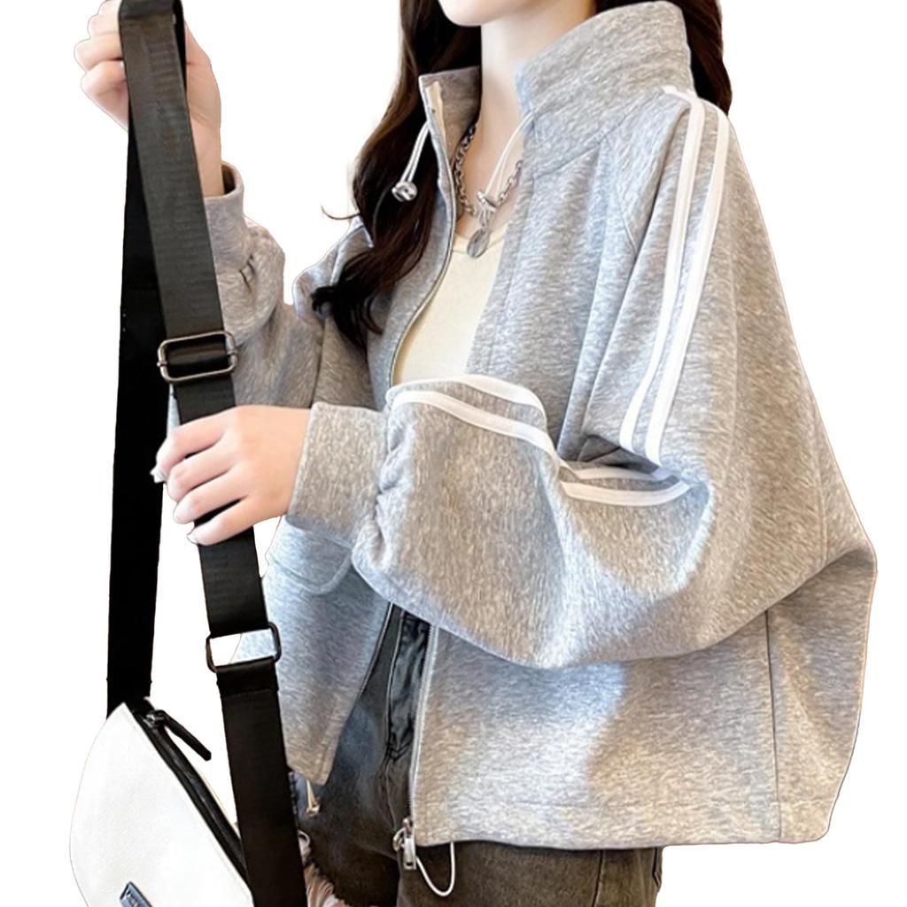 SECOND ROOTS Sleeve Casual and Relaxed Women's Two-Line Hoodie, Cute, Fit, Stretch, Gray, 5S-R07-GY2XL