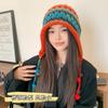 Handmade women's knitted headgear autumn and winter color fringed ball lace-up ear protector hollow knitted wool cap