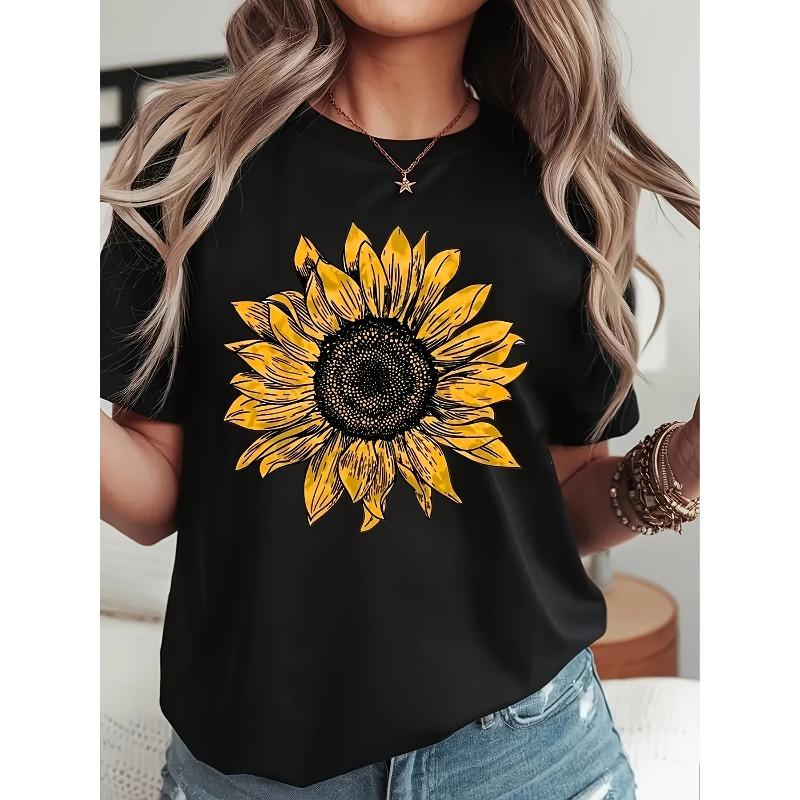 Europäische Größe 2026 Sonnenblume Leopard Muster Damen Sommer Schwarz Rundhals Kurzarm T-Shirt, Damen Klassisches Schwarzes Rundhals T-Shirt