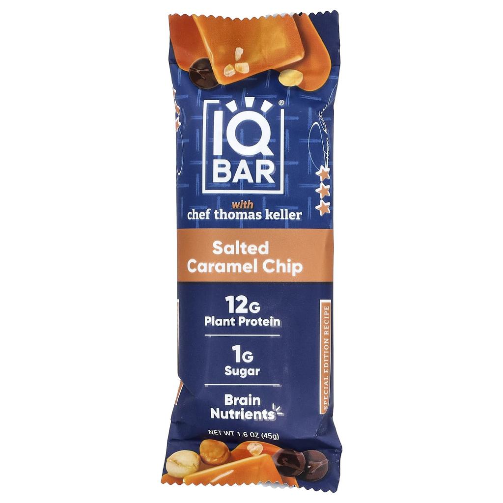 IQBAR, Plant Protein Bars, Salted Caramel Chips with Roasted Macadamia Nuts, 12 Bars, 45g (1.6oz) Each