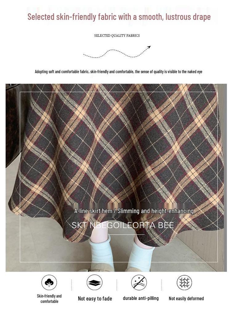 Korean Wool Plaid Midi Skirt: High-Waisted, Plus Size, Slimming A-line - Winter 2026