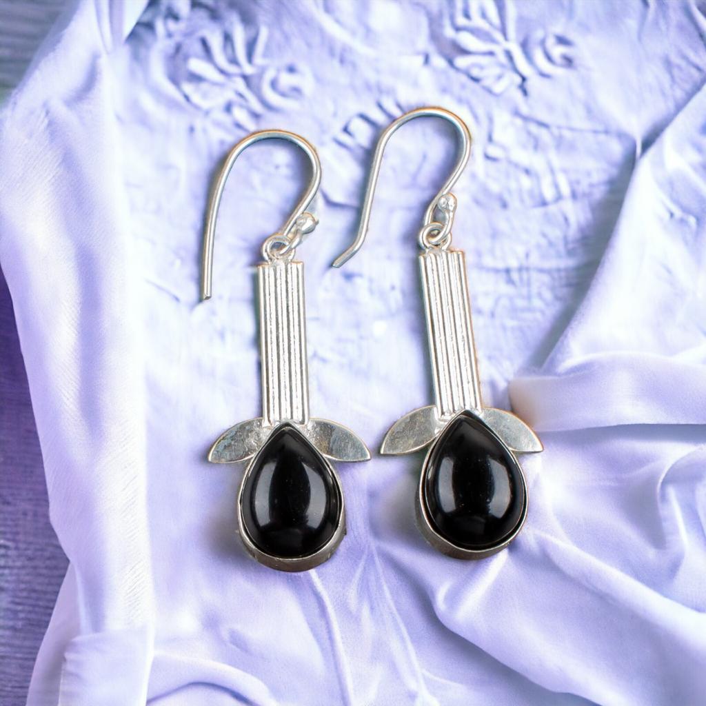 Black Tourmaline Gemstone 925 Fine Silver Jewelry Handmade Boho Earrings 2.00" EE-36-20