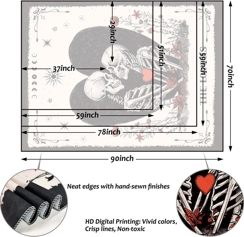 Die Liebenden Totenkopf Wandteppich Schwarz-Weiß Skelett Wandbehänge Vertikal Hexisch Gotisch Wand Schlafzimmer Dekoration für Wohn