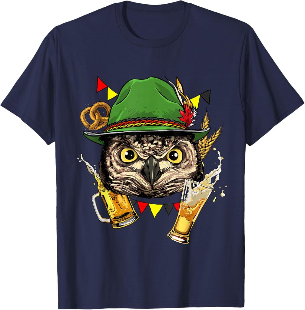 Owl Oktoberfest Beer Mug Bavarian Festival Graphic Tee Casual Cotton Short Sleeve T-Shirt