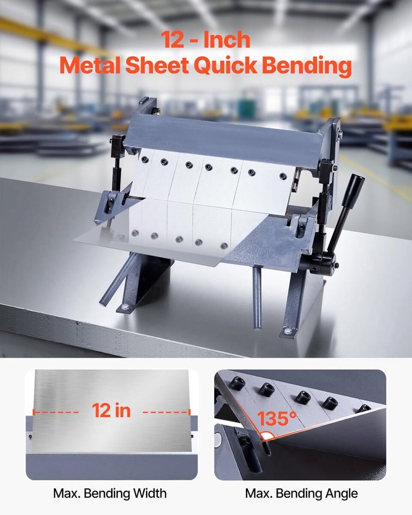 Box and Pan Brake, 305 mm/12 inch Sheet Metal Bending Brake, 20-Gauge Mild Steel Capacity, 0-135 Degree Adjustable, Metal Bender Machine with 5