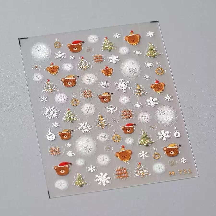 Cute Animals Bear Dog Cake Sweet Cherry Grid Bowknot Star Line Fruit Relief Self Adhesive Nail Art Stickers 5D Manicure Decals