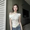 Fashion High-end Three-dimensional Flower Diagonal Collar Off-shoulder Short Sleeves Summer Pure Desire Wind Slim Fit Versatile Foreign Style