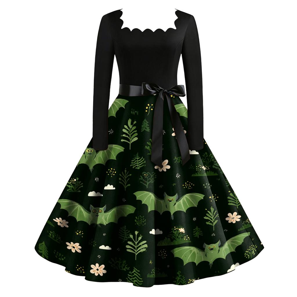 Women's Vintage Square Neck Long Sleeve Dress with Halloween Print for Evening Party
