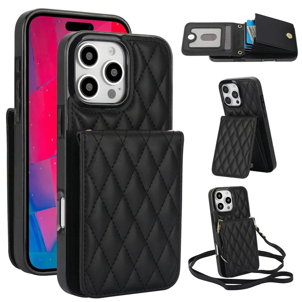 Crossbody Lanyard Wallet with Card Holder Kickstand Phone Case for iPhone 16 15 Pro Max Plus Shockproof Protective Cover